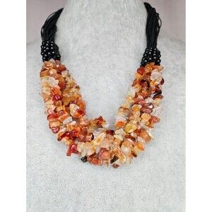 Artisan Vintage Multi Strand Carnelian Gemstone Chip Chunky Bib Necklace 16"